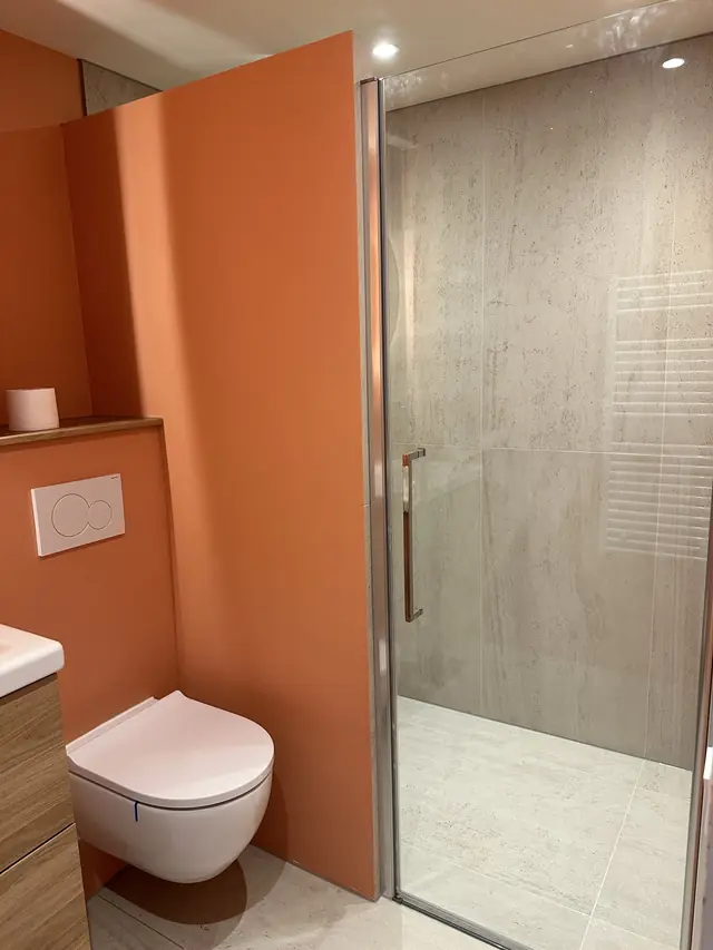 Compacte badkamer met warme accentwand, foto 3 van 7