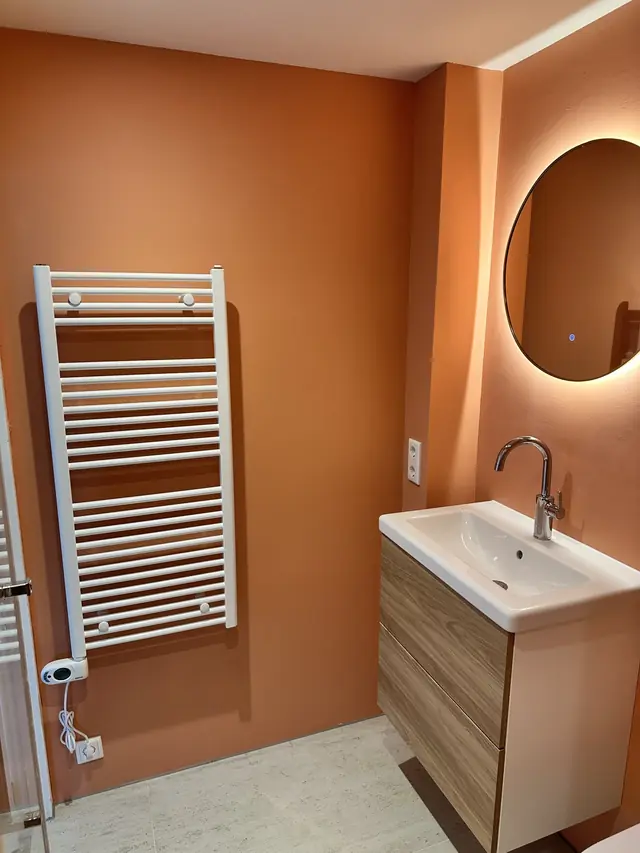 Compacte badkamer met warme accentwand, foto 7 van 7
