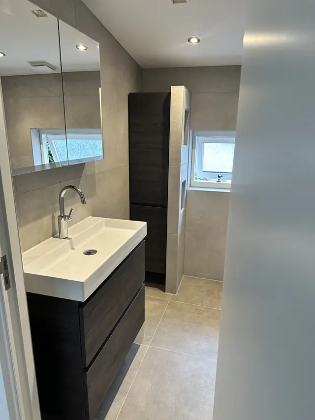 Lichte badkamer met hoge kolomkast, foto 1 van 12