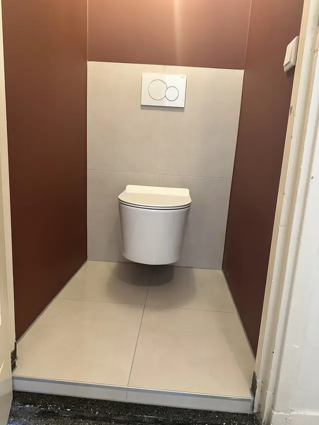 Toilet met hangtoilet en warme accentwand, foto 1 van 10