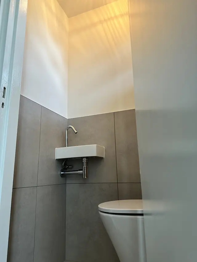 Toilet met fonteintje en houten wandpaneel, foto 4 van 5