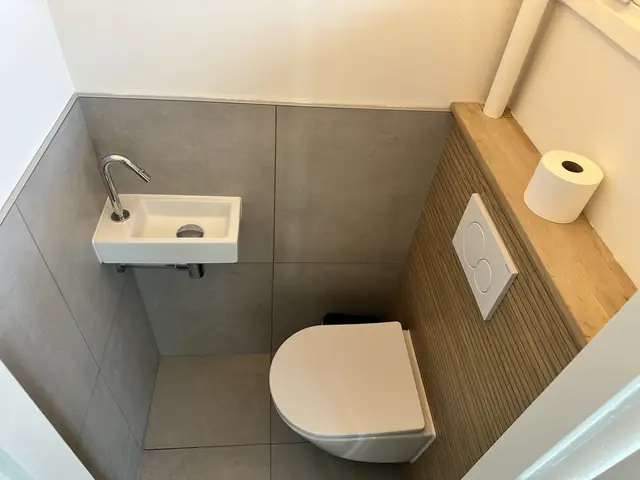 Toilet met fonteintje en houten wandpaneel, foto 1 van 5